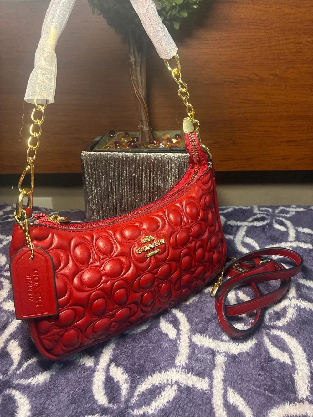 Coach Quilted Signature Leather Shoulder Bag in Red